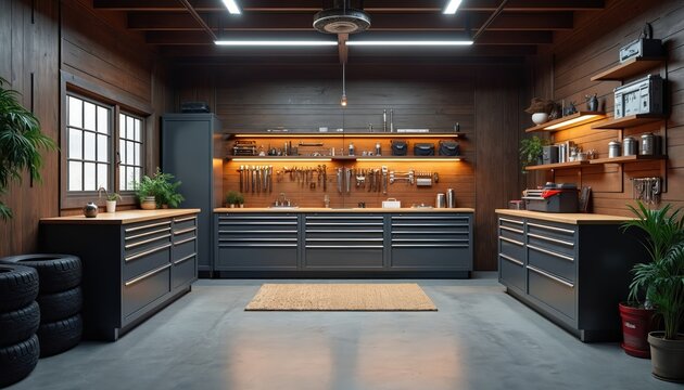 Modern garage interior with wooden walls organized storage for tools equipment. Workshop workspace with workbenches tools shelves neat arrangement. Photo presents clean contemporary garage interior.