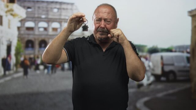 Man holding house keys while rubbing his eye and crying on a historic street by the colosseum; loss grief.
