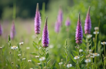 Obraz premium Stachys palustris blooms among green meadow grasses. Violet wildflowers grow in nature, creating beautiful scenic landscape. Floral field, plant, herb blossom, eco natural botany landscape