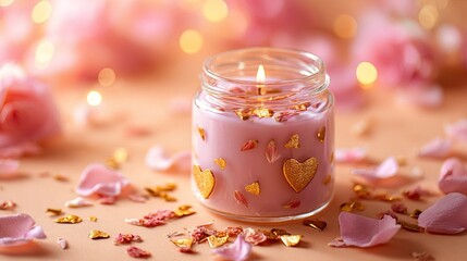 A pink candle in a glass jar with gold hearts and rose petals on a peach background with a warm and cozy ambiance. Valentine day Special