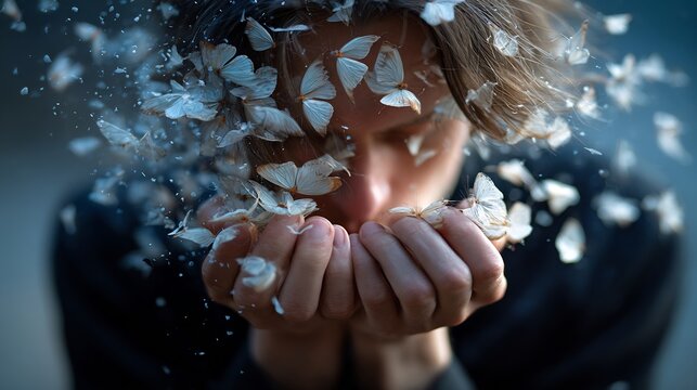 Severe dissociation depersonalization person looking down their own hand but their hand arm dissolving into thousand of tiny fluttering white moth flying away into sky fragile reality concept