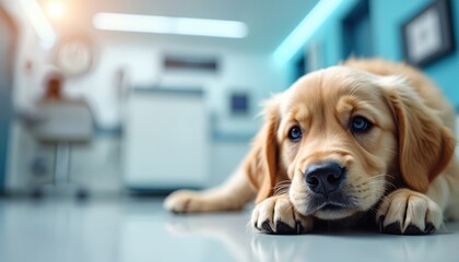 Young golden retriever puppy lays on floor at modern vet clinic. Dog rests calmly during checkup or treatment session. Caring animal health is important.