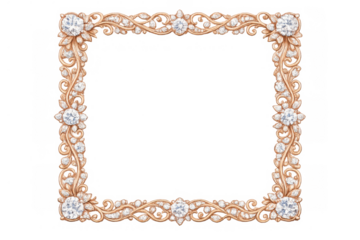 Rose gold ornate frame with sparkling diamonds. Vintage luxury decorative element with filigree pattern, transparent background
