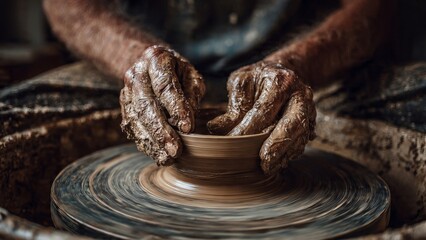 Craftsman shapes clay on spinning pottery wheel in workshop

