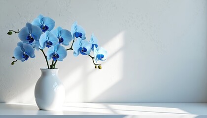 Blue orchid flowers displayed in white vase stand on white table. Floral arrangement adds touch of nature and beauty. Minimalist home interior showcases elegance, modern style and peaceful atmosphere.