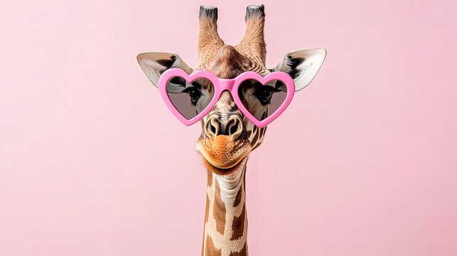 A giraffe wearing heart-shaped sunglasses on a pink background looks playful and fun Valentine day Special - Powered by Adobe