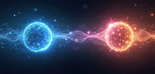 Abstract render shows interaction between two glowing spheres. Digital art visualizes synergy, vibration. Blue sphere connects to red via wave. Image conveys ideas, science, tech, power, interaction.