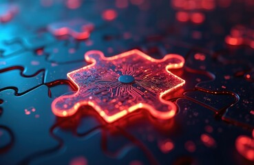 Glowing jigsaw piece shows tech circuit. Puzzle elements reflect red light. Concept illustrates integration of digital solutions for complex problems. Perfect for tech business. Pieces are futuristic.