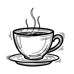 Hot cup of tea with steam on a saucer in black and white design  