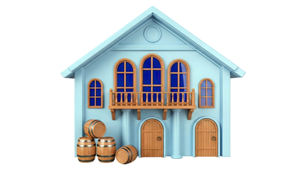 Cartoon blue building with arched windows and wooden barrels