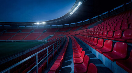 Red seats fill the grandstand of a modern stadium at blue hour, floodlights bathing the empty arena in cool light, creating a quiet, anticipatory atmosphere before the event