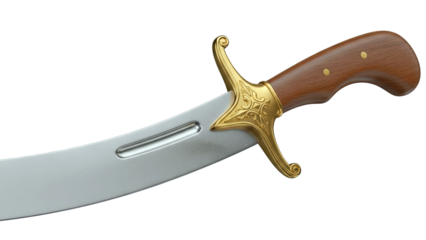 Ornate curved sword with golden hilt and wooden handle