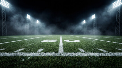 American football field turf with the 50 yard line visible, illuminated by stadium floodlights and surrounded by smoke or fog during a night game competition