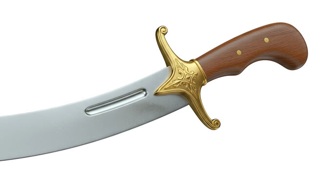 Ornate curved sword with golden hilt and wooden handle