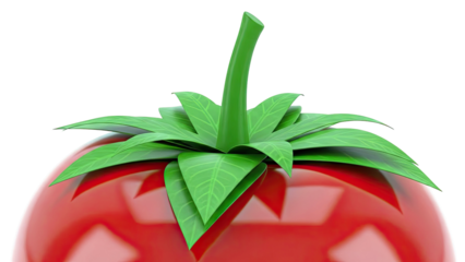 Close-up of a cartoon tomato with green leaves and stem
