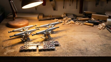 Skateboard trucks and bearings on a wooden workbench with a desk lamp in a workshop. Components for skateboard assembly and repair.