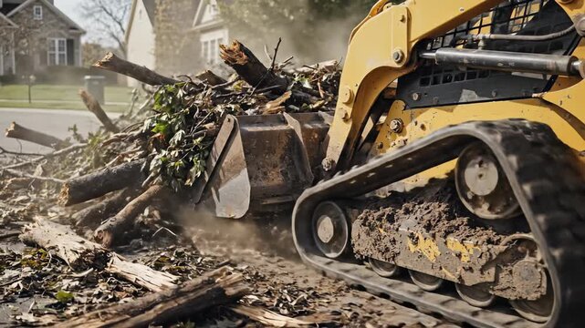 As sunny weather bathes the neighborhood, a powerful machine moves through the streets, swiftly clearing fallen branches and dirt. Dust rises as the operator skillfully removes debris.