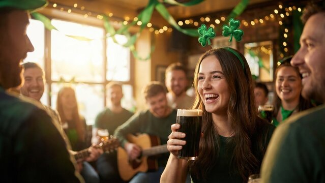 Woman celebrating in a pub with friends on St. Patricks Day. Festive gathering with a drink and happy atmosphere.