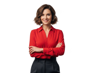 Confident businesswoman in red blouse isolated on transparent background