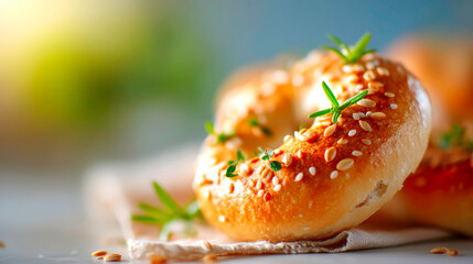 Close up view of a bagel on a white background highlighting organic