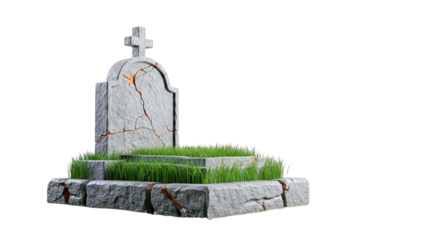 Cracked Tombstone with Cross and Grass