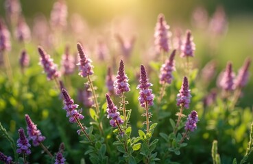Obraz premium Macro photo of blooming thyme flowers in sunlight. Blossoming pink wild thyme plant in the field. Floral natural background with green leaves. Beautiful nature scene.