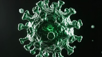 Detailed 3D rendering of a vibrant green coronavirus particle resembling SARSCoV2 floating in a dark microscopic environment illustrating the global pandemic and viral infection at a cellular level h. - Powered by Adobe
