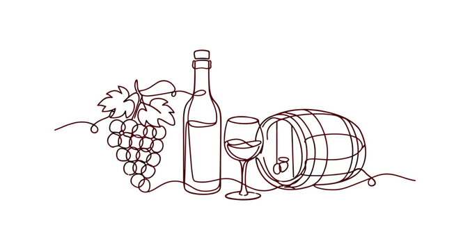 Elegant one line art of wine bottle with grapes and barrel