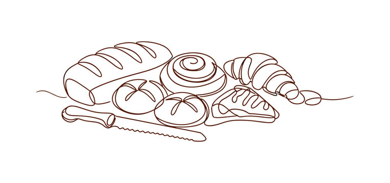 Continuous line art of fresh bread and pastries on white background