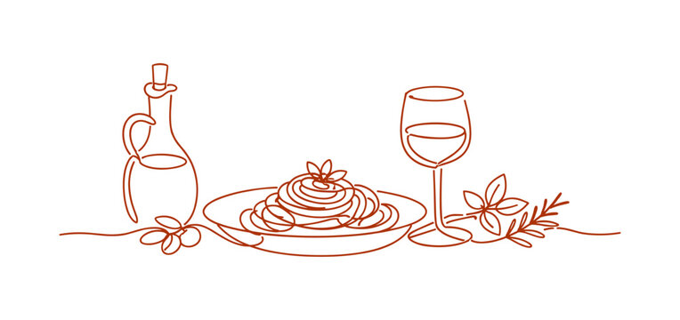 Elegant continuous line drawing of pasta meal with wine and olive oil setup