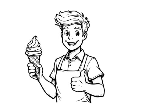 Cheerful cartoon boy in apron holding ice cream cone and giving thumbs up, black and white sketch style on white background, concept of dessert
