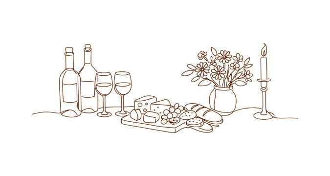 Elegant wine and cheese setting with floral centerpiece in minimalist line art