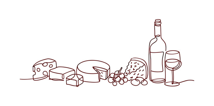 One line art of wine and cheese arrangement with grapes and bottle outline