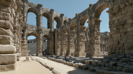 Fototapeta premium Massive Stone Arches of Ancient Roman Architecture Stand Tall in a Historic Site Under Bright Daylight in an Open Area
