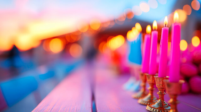 Colorful hanukkah candles glow warmly in elegant candlesticks on wooden - Powered by Adobe