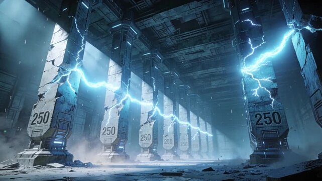 Row of monumental futuristic pillars engraved with the number 250, standing in a vast, shadowed hall. The structures crumble from within as glowing cracks spread like branching veins.