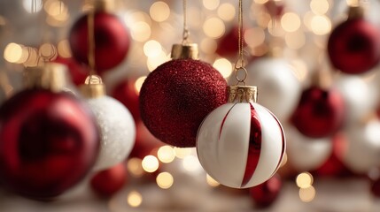 Close-up of glossy and matte red and white ornaments, soft blurred lights creating magical Christmas atmosphere and copy space