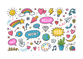 Fototapeta premium Colorful doodle set featuring speech bubbles, rainbows, and fun elements in hand drawn style