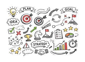 Hand drawn business strategy icons including targets, trophies, and graphs for success planning