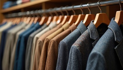 Obraz premium Tailored jackets hang on wooden hangers in a store. Assortment of blazers in different colors and weaves. Menswear collection on display. Retail apparel choice.