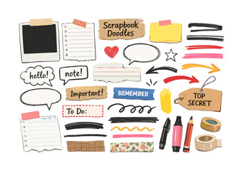 Creative scrapbook doodles with speech bubbles, notes, and decorative elements for journaling
