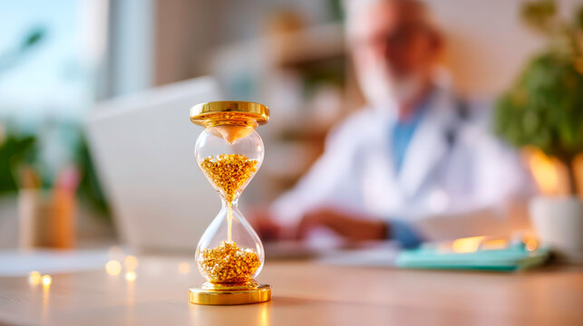 Doctor with stethoscope holds hourglass showing time passing desk