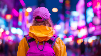 Dynamic back view of person in prominent yellow and pink