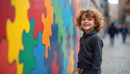 Young boy with curly hair smiles by a bright, colorful puzzle wall on a street. People walk by blurred in background. His cheerful expression matches vibrant art.