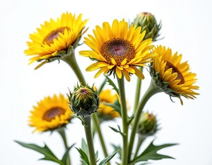 Obraz premium Close up photo shows bright yellow Jerusalem artichoke flowers with green stems and leaves. Blossoms are in full bloom or still buds. White background.