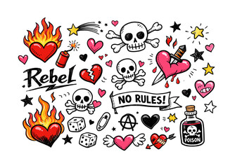 Edgy punk doodle art with skulls, hearts, and flames in vibrant colors