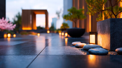 Modern outdoor space featuring textured dark grey tiles and focused