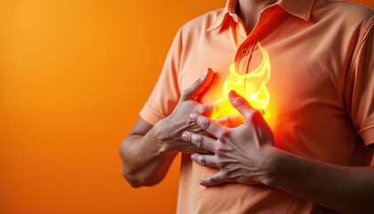 Man holds chest feels heartburn. Person experiences burning sensation. Concept for acid reflux awareness campaign. Health problem after unhealthy food. Healthcare illustration for medical article