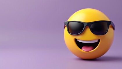 Yellow emoji wearing black sunglasses smiles on purple background. Positive emotions concept. Fun symbol. Ideal for social media content. Happy face expresses joy and happiness.