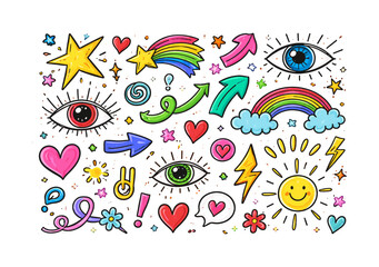 Fototapeta premium Vibrant doodle art with eyes, arrows, hearts, and stars in colorful hand-drawn style